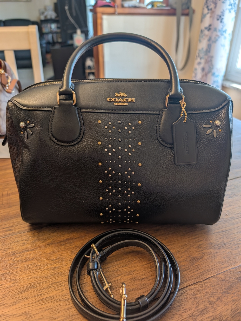 COACH Bennett Black Leather Studded Satchel Bag